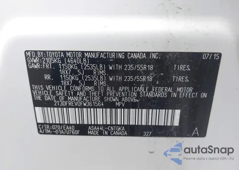 2015 Toyota Rav4 Limited from USA, damaged, VIN 2T3DFREV0FW361564